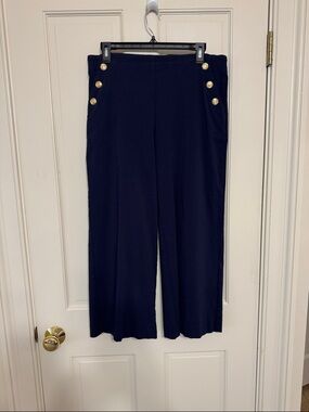 Chico's Navy Wide-Leg Pants with Gold Button Detail
